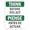 Signmission OSHA THINK Sign, Before You Act Bilingual, 18in X 12in Rigid Plastic, 12" W, 18" L, Landscape OS-TS-P-1218-L-11805 - alternate 1
